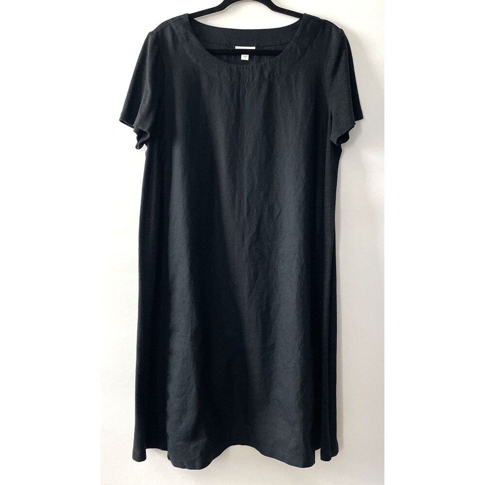 Pure Jill Linen Blend Shift Dress Short Sleeve Black Women's Size L